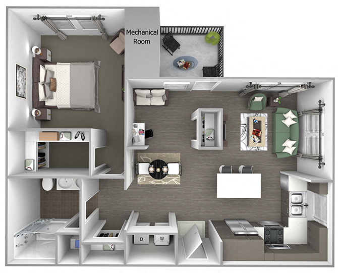 Floor plan for 1 bed, 1 bath, 949 sqft